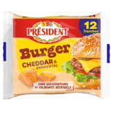 Président PRESIDENT Tranch'fine burger - Cheddar et Emmental - Fromage en tranches - 12 tranches - 18%mg - 200g